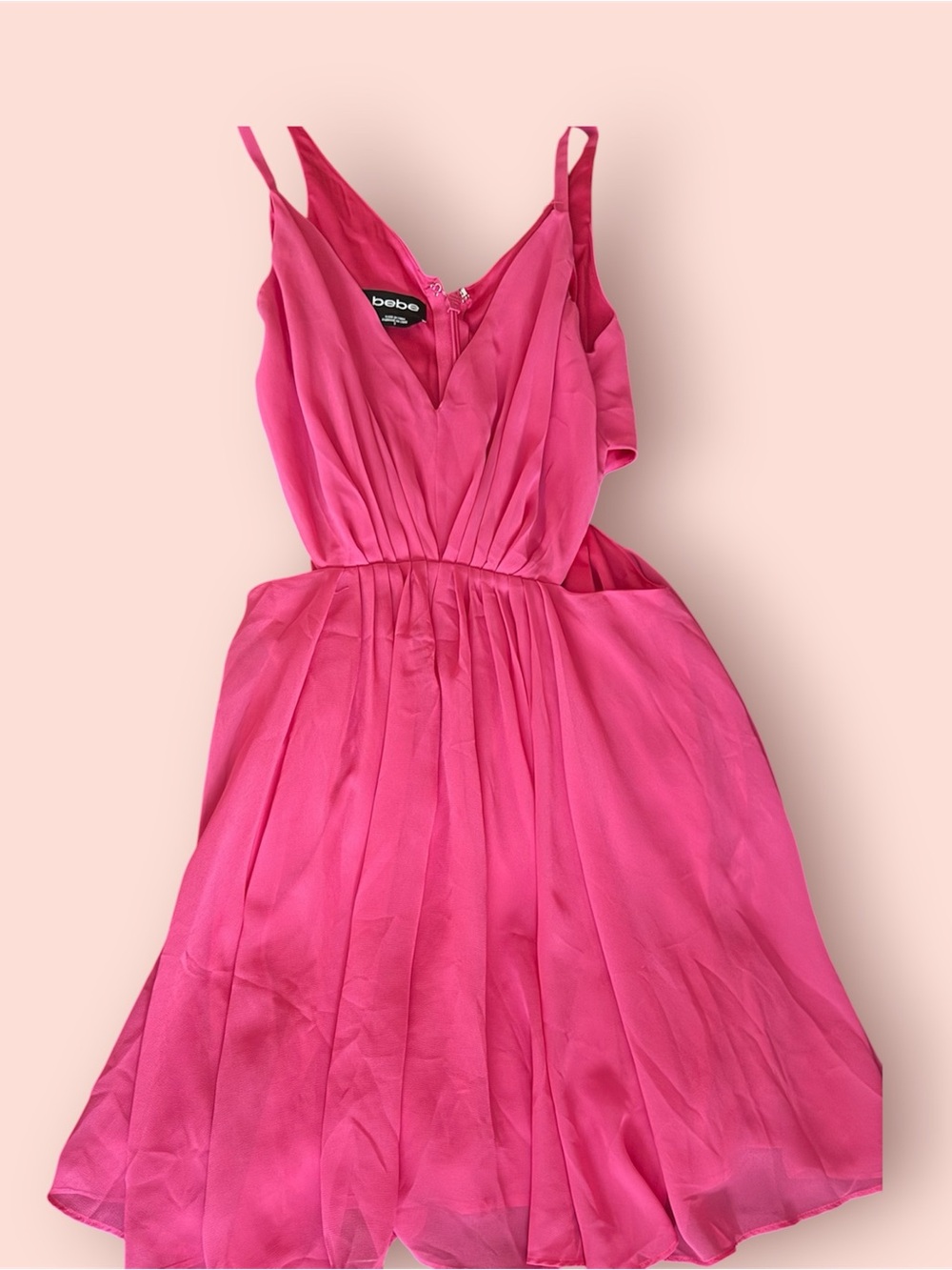 bebe Hot Pink Pleated V-Neck Spaghetti Strap Dress